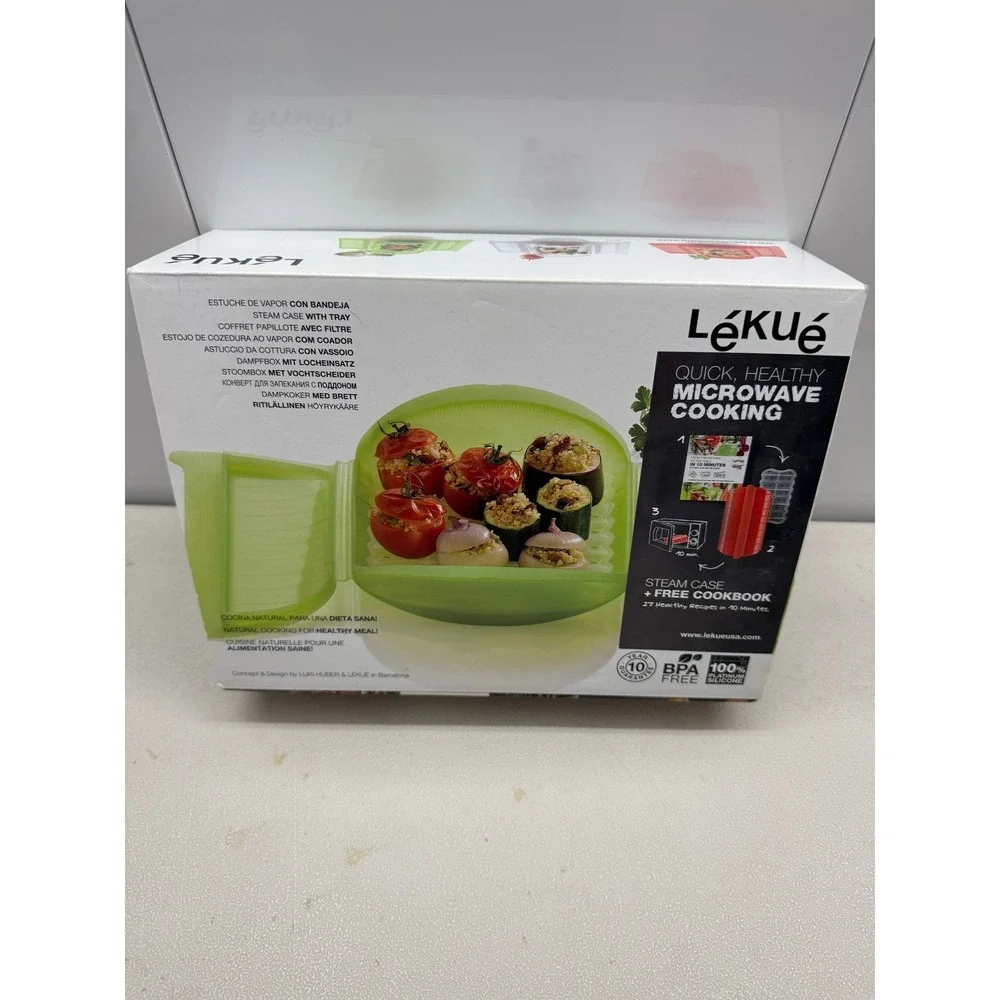 Lekue Steam Case with Tray Lime Green Silicone Microwave Steamer & Cookbook